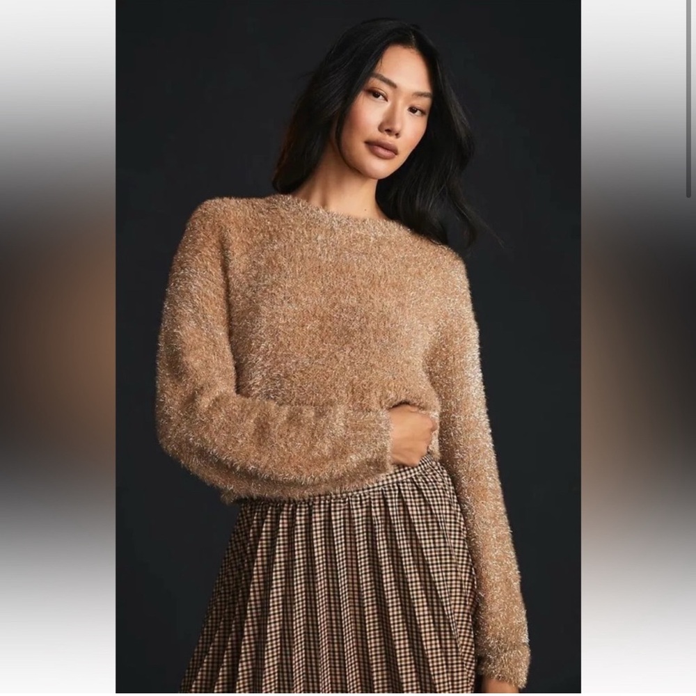Anthropologie Maeve Tinsel Eyelash Sweater gold brown size medium